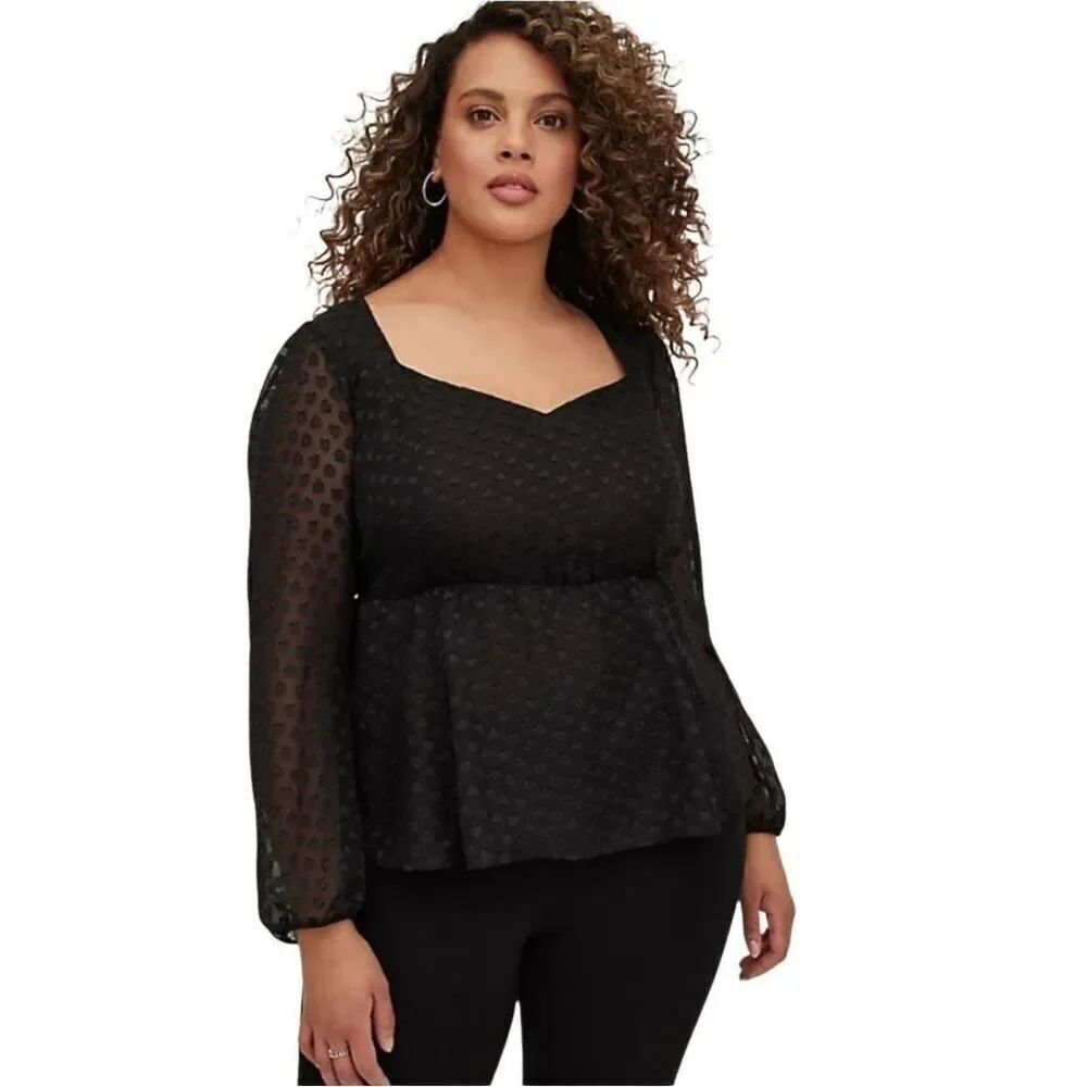 Torrid Long Sleeve Peplum Blouse Size 00 Medium/ Large Hearts Black Top